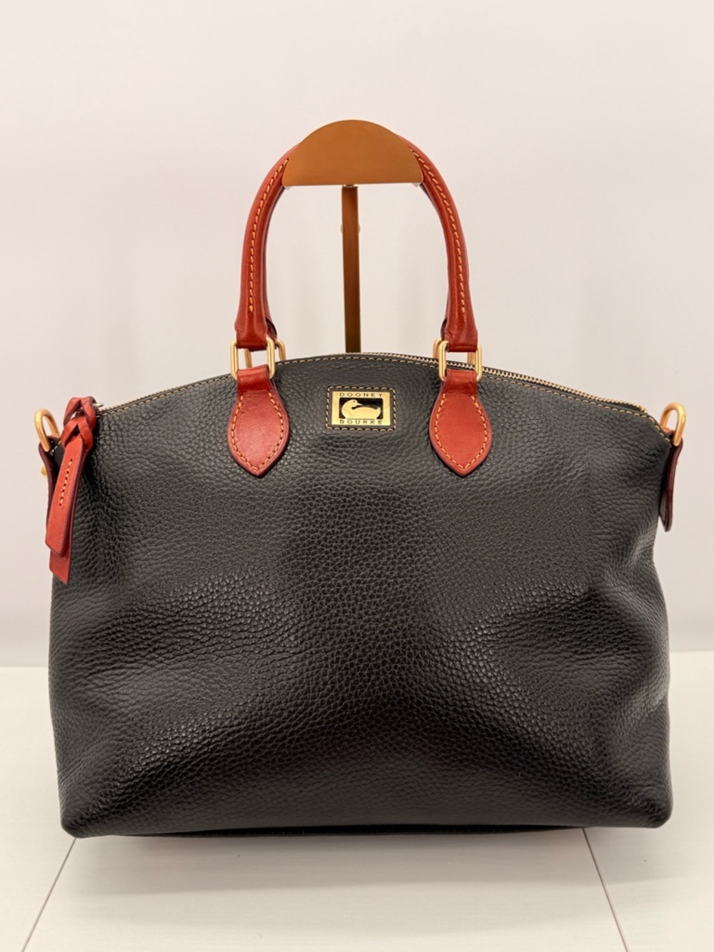 DOONEY & BOURKE Pebbled Leather Satchel Black Brown Trim Top Handle Bag